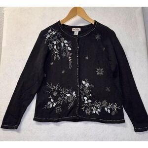 Vintage Tiara International Womens M Cardigan‎ Black Floral Beaded Embroidered